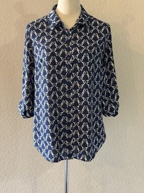 Talbots Womens LP Navy Cream Butterfly Print Roll Tab Sleeve Button Shirt